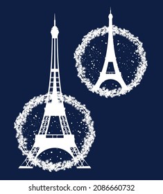 winter seasonal frame made of pine tree branches with eiffel tower and falling snow - new year in Paris vector design set