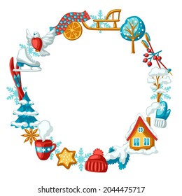 Winter seasonal frame. Outdoor leisure and cute fun things. Merry Christmas holiday and vacation.