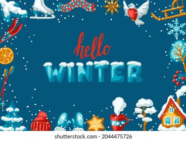 Winter seasonal frame. Outdoor leisure and cute fun things. Merry Christmas holiday and vacation.