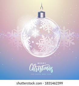 Winter seasonal holiday Christmas background. Christmas greeting card with snow globe and silver snowflake inside. Vector illustration