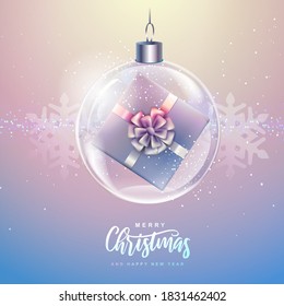 Winter seasonal holiday Christmas background. Christmas greeting card with snow globe and gift box inside. Vector illustration