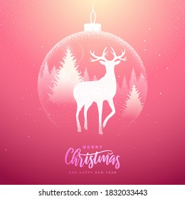 Winter seasonal holiday Christmas background. Christmas greeting card with snow globe and deer in forest inside. Vector illustration