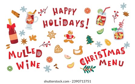 Winter seasonal hot drinks set.Mulled Wine,Christmas Menu and Happy Holidays hand lettering collection.Traditional cocktails,fruits,spices and gingerbread.Vector hand drawn isolated illustration.
