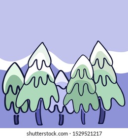 Winter seasonal illustration. Cartoon-like day-time landscape with snowy fir-trees and distant hills