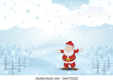 winter seasonal landscape with trees and Santa Claus at snowfall vector illustration