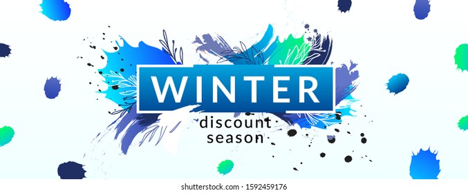 Winter seasonal sale ad abstract banner. Abstract artistic paint brush traces and announcement text.