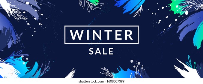 Winter seasonal sale ad abstract background. Abstract artistic paint brush traces and announcement text.