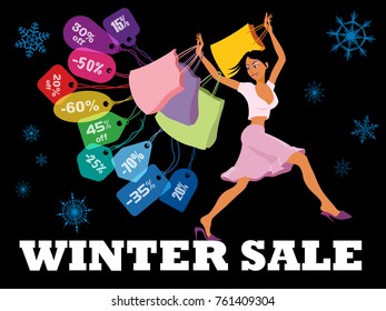 Winter seasonal sale. Creative poster. Woman on shopping with shopping bags and colorful price tags. Seasonal sale design template on black background.