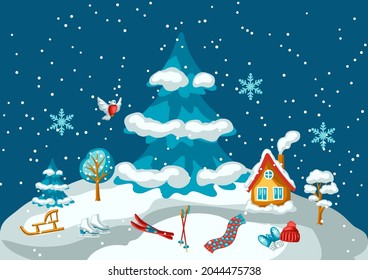 Winter seasonal scene. Outdoor leisure and cute fun things. Merry Christmas holiday and vacation.
