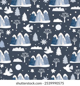 Winter seasonal seamless pattern with birds,mountains, stars, clouds, snowfall, moon, trees, firs.Set of elements with textures.Vector design for printing on fabric and paper.Flat color illustration.