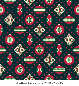 Winter seasonal seamless pattern with New Year decorations, toys and stars. Art deco style design template. Suitable for packaging, invitations, cards, gifts etc. 