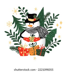 Winter seasonal vector illustration with snowman.Character in a hat and scarf, gifts, stylized trees and snowflakes.White background.Hand drawn clipart set for decorated winter holydays events.