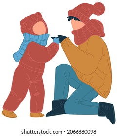 Winter Seasonal Weather And Frost Outdoors, Isolated Mother And Child Rearing Warm Clothes, Coats And Scarves. Mom And Kiddo, Kid Walking Outside On Holidays Or Vacations. Vector In Flat Style