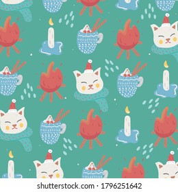 winter seasoon christmas event seamless pattern illustration, cute cat wearing scarf and fire cartoon character