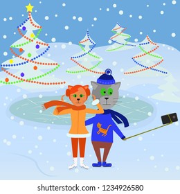 Winter selfie in the background of Christmas trees and ice rink. Cats taking selfies. Vector image