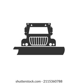 Winter service vehicle for snow removal from roads, black icon flat vector illustration isolated on white background. Snow plow truck for street cleaning.