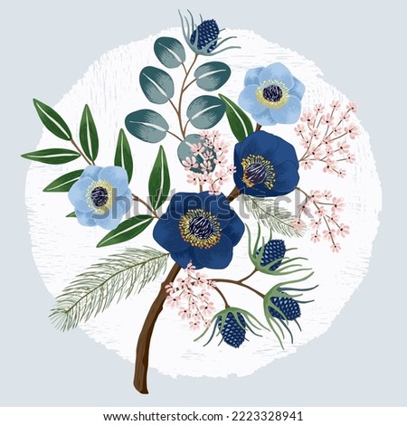 Winter sesonal flowers bouquet. Isolated realistic blossom, branches, leaves vector image. Hand drawn sketch based line art vector illustration