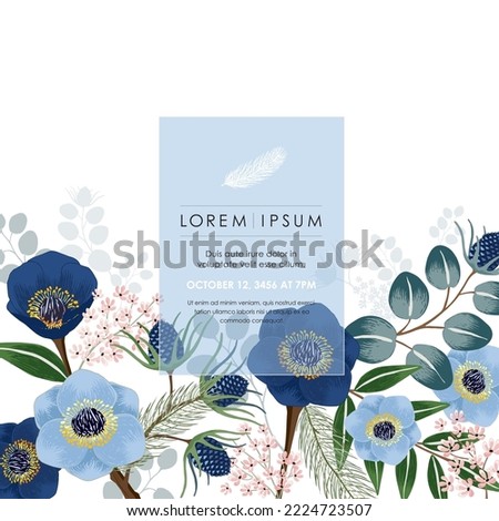  Winter sesonal flowers frame. Isolated realistic blossom, branches, leaves vector image. Hand drawn sketch based line art vector illustration 	