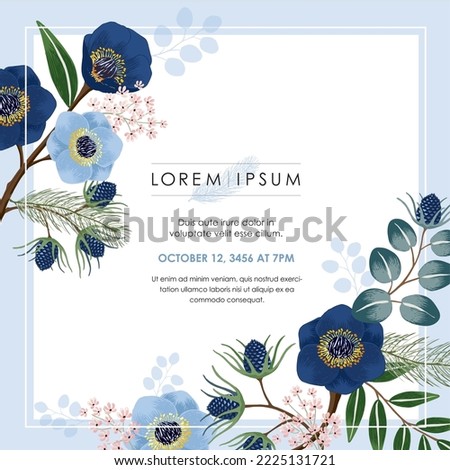 Winter sesonal flowers frame. Isolated realistic blossom, branches, leaves vector image. Hand drawn sketch based line art vector illustration 