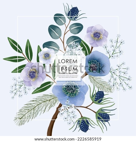 Winter sesonal flowers frame. Isolated realistic blossom, branches, leaves vector image. Hand drawn sketch based line art vector illustration 	