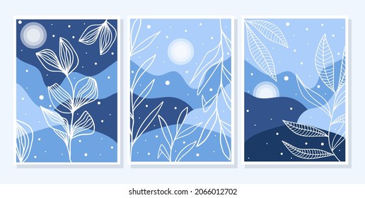 Winter set of abstract backgrounds for social media stories and poster with snowflakes and leaves, can be use for event invitation, card design, ad. Vector illustration