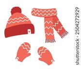 Winter set accessories in red color. Hat, scarf, and mittens with scandinavian pattern. Cartoon flat vector illustration