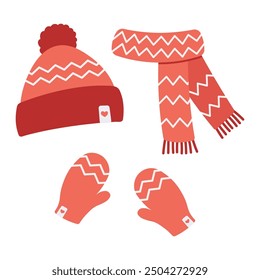 Conjunto de invierno de accesorios en color rojo. Sombrero, bufanda y guantes con estampado escandinavo. Ilustración vectorial plana de dibujos animados