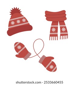 Winter set accessories in red color. Hat, scarf, and mittens with scandinavian pattern. Cartoon flat vector illustration