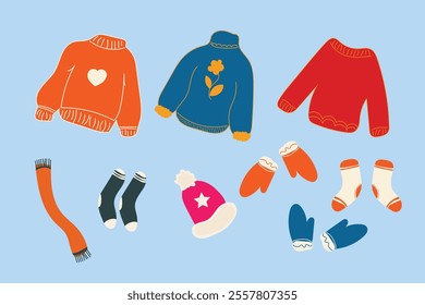 Winter set accessories in red color. Hat, scarf, and mittens with scandinavian pattern. Cartoon flat vector illustration