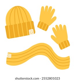 Winter set accessories in yellow color. Hat, scarf, and glove with striped pattern. Hand drawn vector illustration	