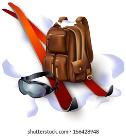 Winter set with a backpack, goggles, skis and snow. Isolated on white background