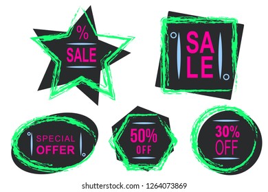 Winter set of banners in turquoise color. They are shapes - rectangles, stars, squares, circles, and ellipses. There are banner sale, 30%, 50% and great offer. It is brush stroke background.