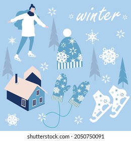 Winter set. Big set of colorful vector images. All elements are isolated. Set of scandinavian mood images with warm cozy winter elements