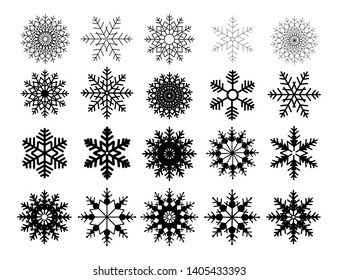 Winter set of black snowflakes isolated on white background. Snowflake icons. Snowflakes collection for design Christmas and New Year banner and cards. Vector illustration.