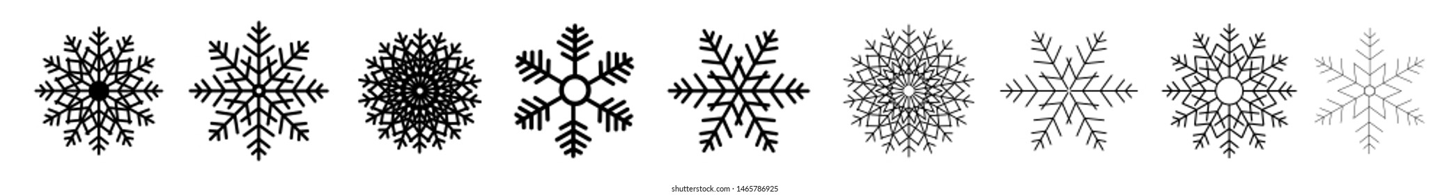 Winter set of black snowflakes isolated on white background. Snowflake icons. Snowflakes collection for design Christmas and New Year banner and cards. Vector illustration. 
