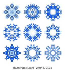 Conjunto invernal de copos de nieve azules. Lugar abstracto, patrón de repetición. Estilo plano. Ilustración vectorial.