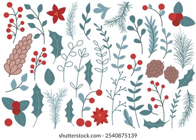 Winter set of botanical elements for design. Flowers poinsettia, holly, cones, berries, foliage and twigs hand drawn collection. Simple nature decor for cards, invitations, patterns and other, vector