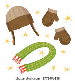 Winter set with brown hat, mittens, green scarf and yellow stars. Christmas cute decor, clothes. Vector cartoon flat illustration isolated on white background.