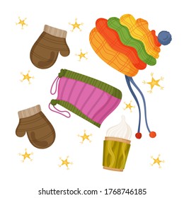 Winter set with brown mittens, colorful hat, violet scarf, green cup of hot drink and yellow stars. Christmas cute decor. Vector cartoon flat illustration isolated on white background.