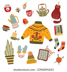 Winter set in cartoon design. Cup of hot drink, teapot,cat, gift, cookie, sock, cupcake.  Vector illustration. Winter season cozy symbols.