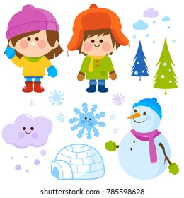 Winter set with children in warm winter clothes, a snowman, igloo and snow flakes. Vector illustration