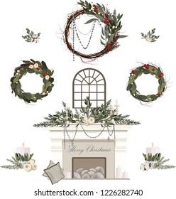 Winter set of christmas botanical wreath of fir, mistletoe, apples, cotton and red berries and fireplace with decorations and window
