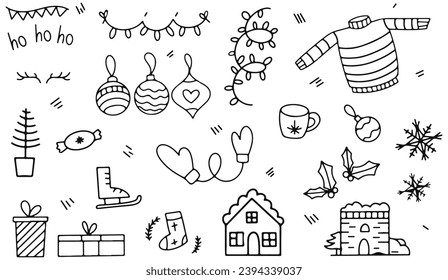 Winter set of Christmas design elements in doodle style.