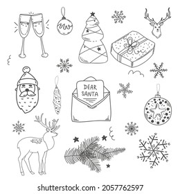 Winter set, Christmas Doodles. Decorative elements. deer, santa claus, glasses, balls, letter to santa claus, snowflakes, spruce branch, invitation. Hand drawing. Vector. New year