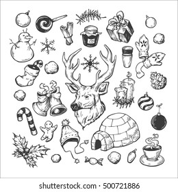 Winter set. Christmas elements. Hand drawn winter elements. Christmas balls, deer, gifts, snowballs, sweets, igloo, holly, snowflakes, snowman, jingle bells.