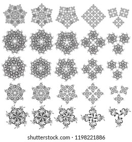 Winter set. Christmas snowflakes set in silver colors with doodles and dots on a white background. Vector Christmas background.