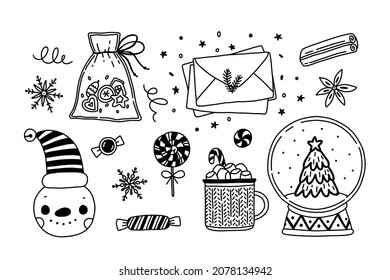 Winter set with Christmas symbols. Hand drawn doodle decorations isolated on white. Vector Christmas elements - snowman, snow globe, lollipop, hot drink with marshmallow, gingerbread cookie, envelope.