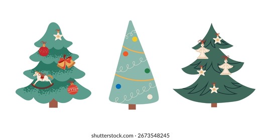 Winter set  Christmas trees isolated decorated with various ornaments, bells, and stars. Perfect for holiday greeting cards, festive posters, banners, and other seasonal designs.