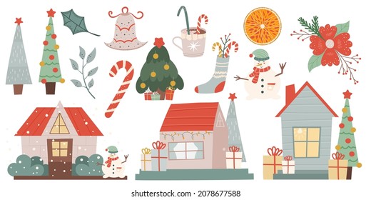 Winter set clip art isolated on white background.Winter houses, snowman, fir trees, orange and Flower for decoration and festive ornament. Vector illustration in a flat style.