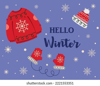 Winter set of winter clothes illustrations; A set of sweaters, hats, mittens for printing, stickers, decor; Warm accessories for the winter; Flat minimalism in trendy red